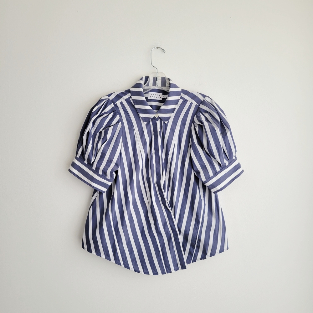 NWOT Tanya Taylor Blue and White Striped Asymmetrical Button Front Shirt